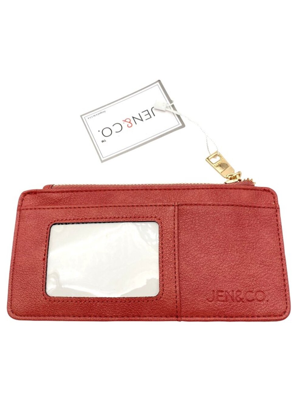 NWT Jen & Co Red Vegan Leather Slim Card Holder Wallet ID Window Gold Zipper